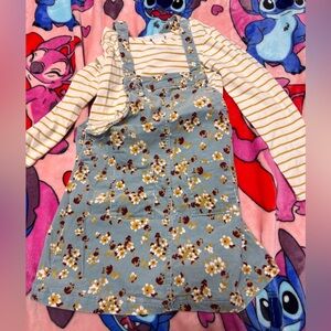 Girls size 7 Floral Corduroy Overall Dress with Striped Top